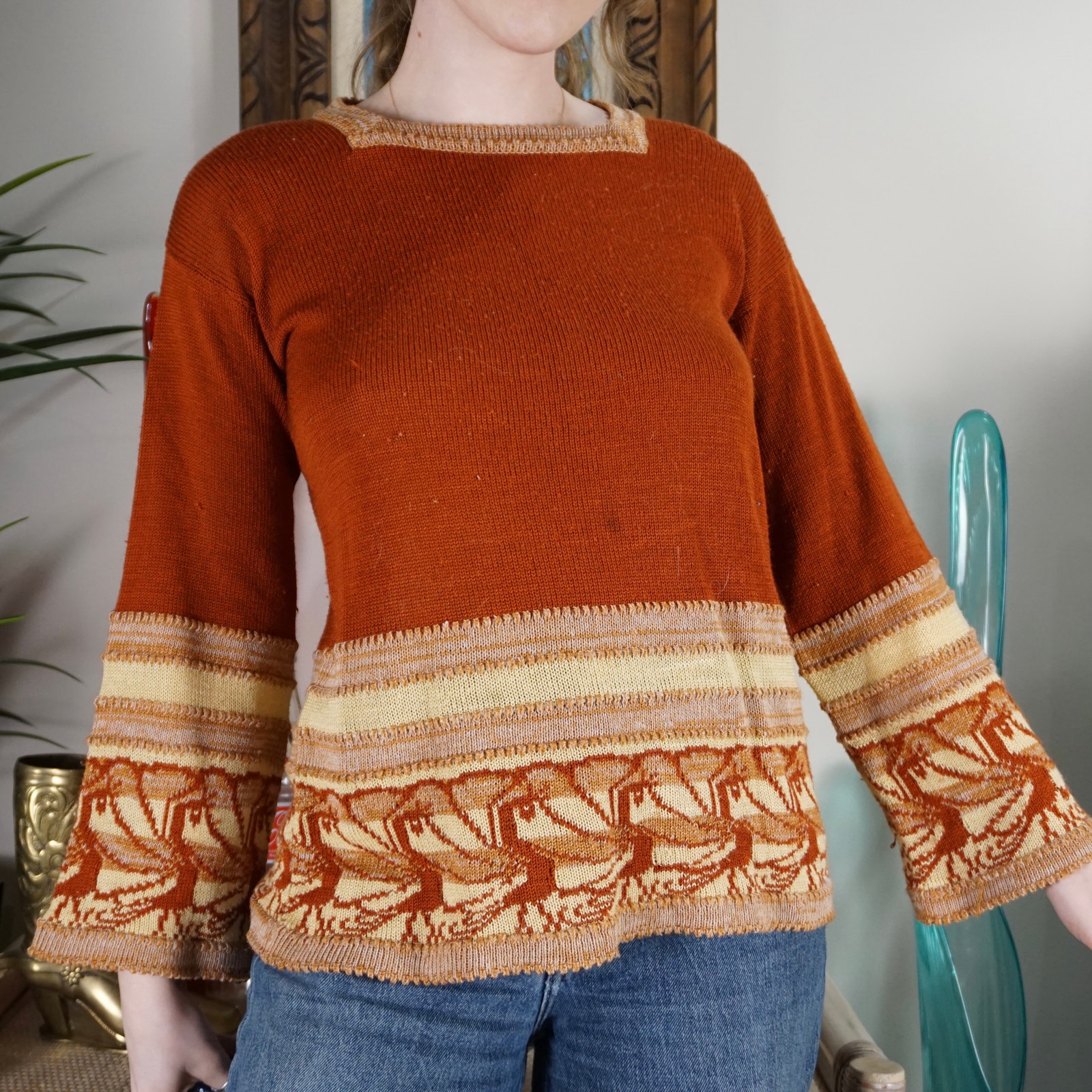 Vintage 70s Flare Sleeve Knit Peacock Sweater